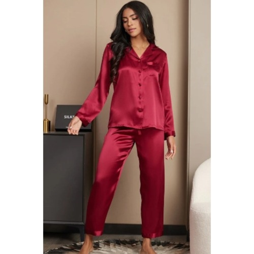 SILKSILKY Women 100% Mulberry Silk Pajamas Set Wine Red Long Sleeve Button Up L